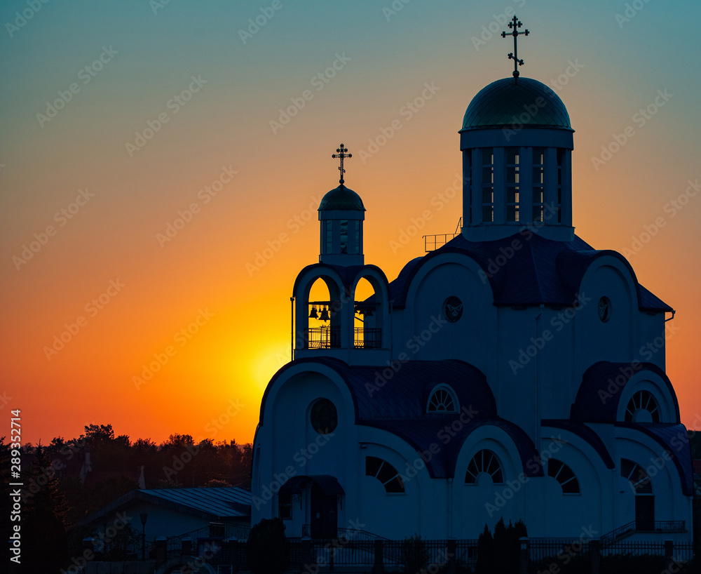 The small church in the sky at dawn.Photographed close-up.