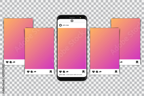 Smartphones with mockup social media frame. Vector illustration.