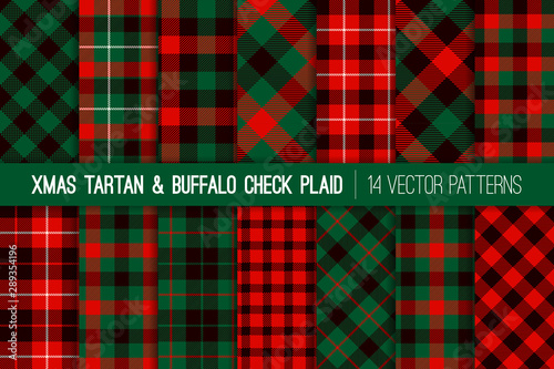 Christmas Red Green Black Tartan and Buffalo Check Plaid Vector Patterns. Rustic Xmas Backgrounds. Hipster Lumberjack Flannel Shirt Fabric Textures. Pattern Tile Swatches Included.