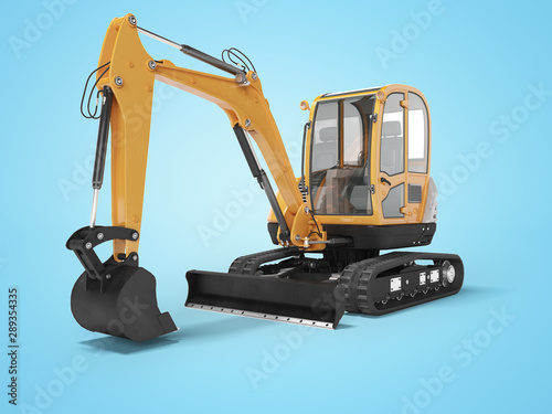 Orange mini excavator with hydraulic mechlopatoy on crawler rubber track with leveling bucket 3d render on blue background with shadow