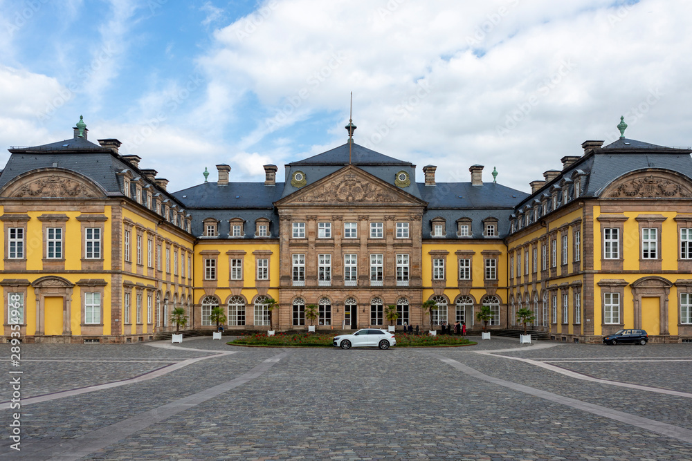 Architecture of the yellow classic style Arolsen castle in Bad Arolsen in the Sauerland region