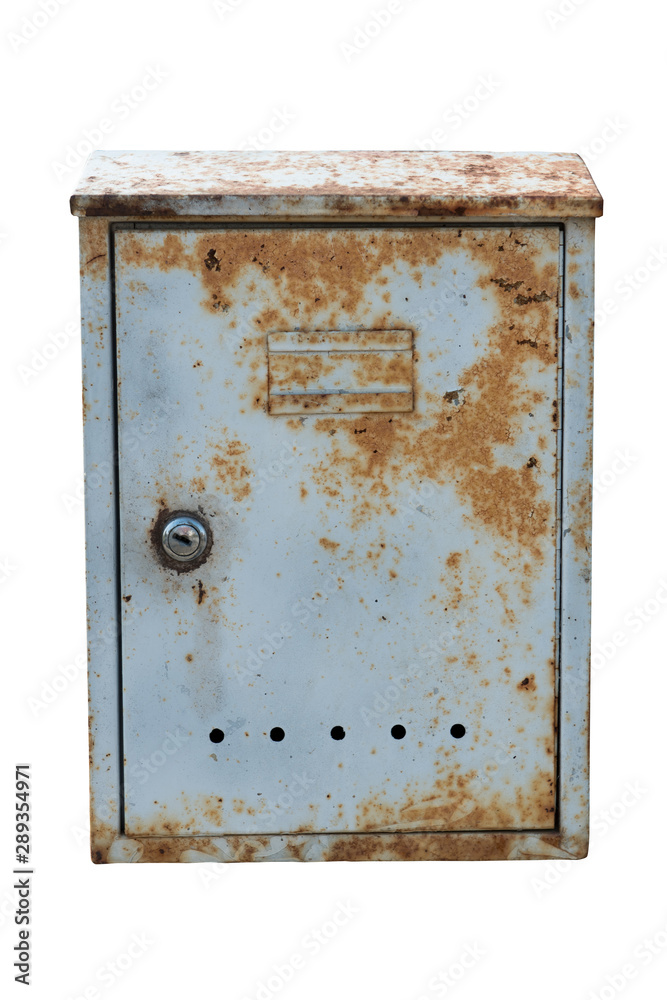 Old rusty metal mailbox isolated on white background. Rusty grey mailbox.