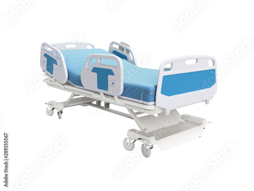 Blue hospital bed with lifting mechanism on standalone control panel isolated 3D render on white background no shadow