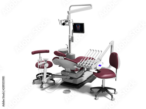 Dental unit red leather chair of dentist and assistants chair 3d render on white background with shadow
