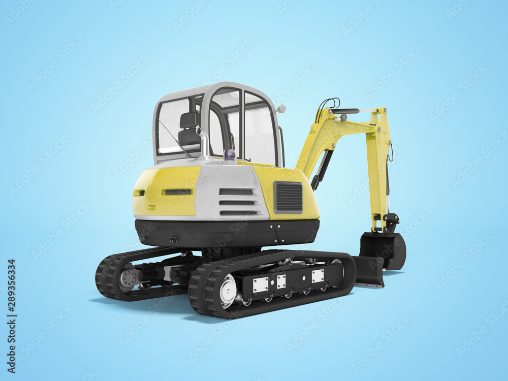 Yellow mini excavator with hydraulic mechpatoy on crawler with ladle 3d render on blue background with shadow