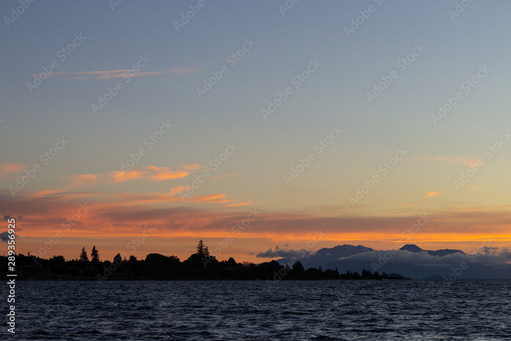 Evening with sunset over Taupo lake, New Zealand