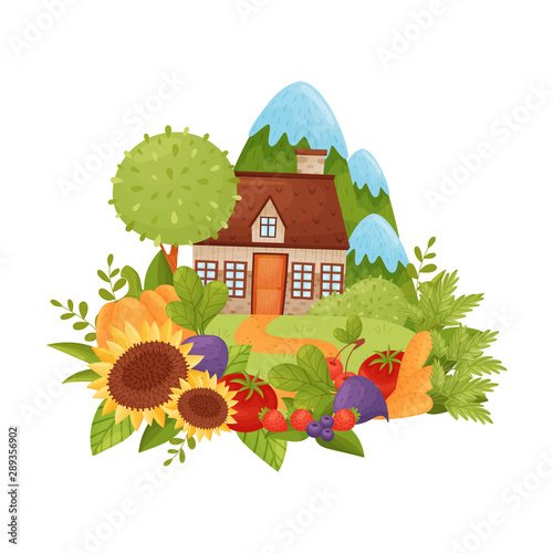Village house on a background of mountains. Vector illustration.