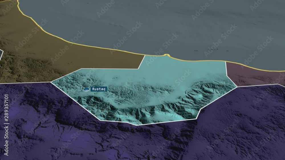 Al Batinah South region of Oman with its capital zoomed on the