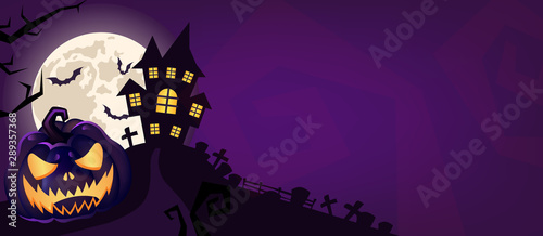 Halloween scary purple vector background. Spooky graveyard and haunted house at night cartoon illustration. Horror moon, bats, creepy pumpkin and graves silhouettes backdrop. Helloween gothic panorama © The img