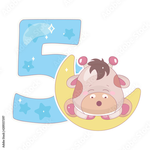 Cute five number with baby giraffe cartoon illustration. School math funny font symbol and kawaii animal character. Kids scrapbook sticker. Children 5 years old birthday and anniversary number clipart