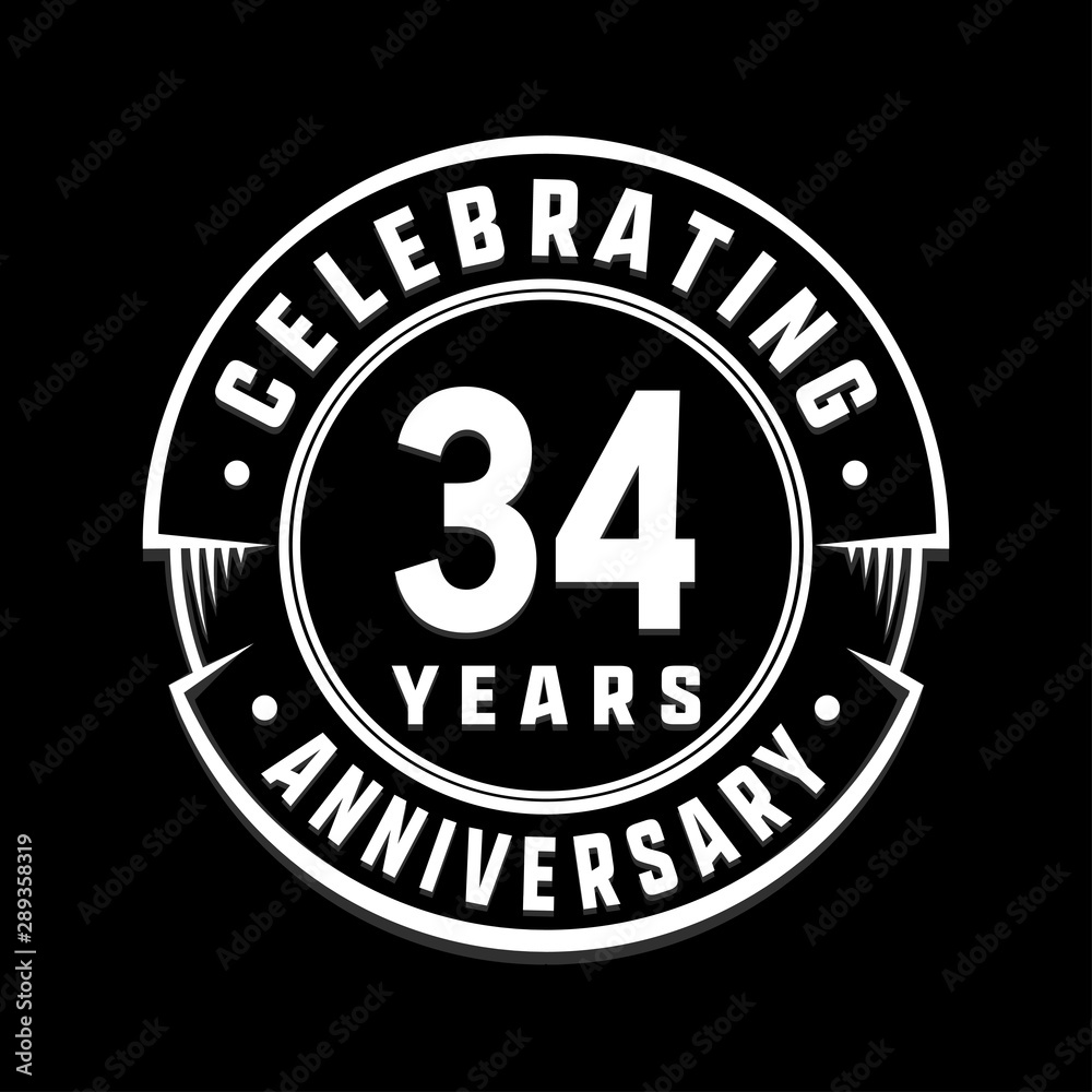 Celebrating 34th years anniversary logo design. Thirty-four years logotype. Vector and illustration.