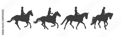 Equestrian sport. Horseback riding. Rider on horse. Silhouette black and white
