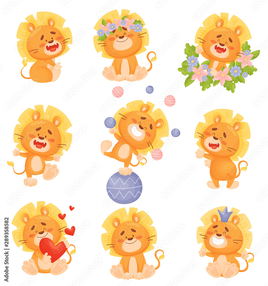 Set of cute cartoon lion cubs. Vector illustration on a white background.