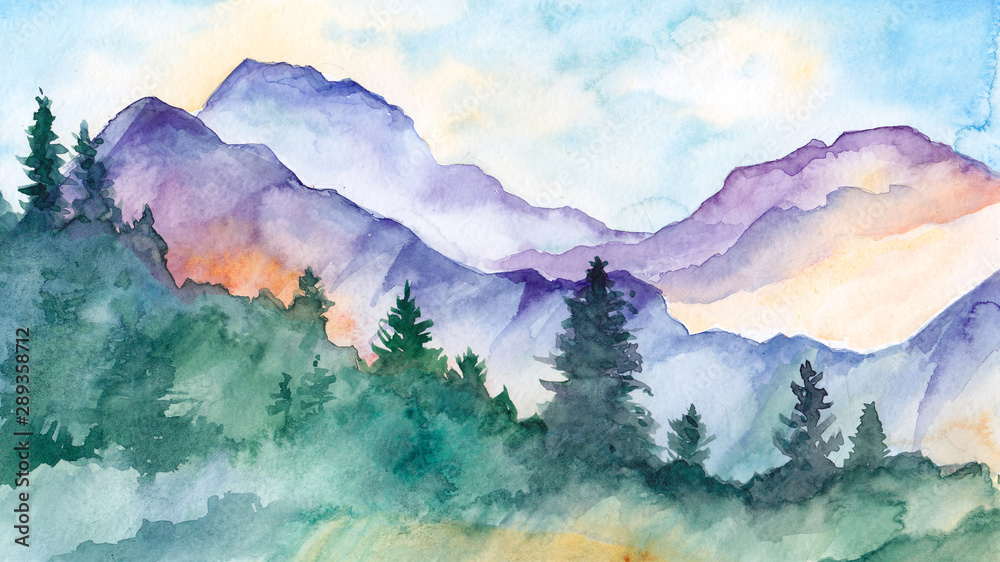 hand drawn watercolor mountain landscape - obrazy, fototapety, plakaty 