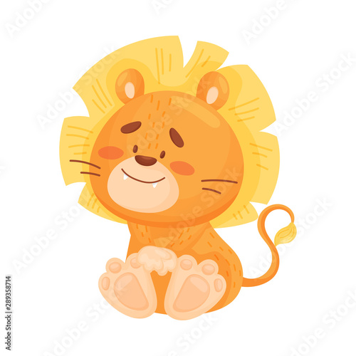 Cute lion cub sits. Vector illustration on a white background.
