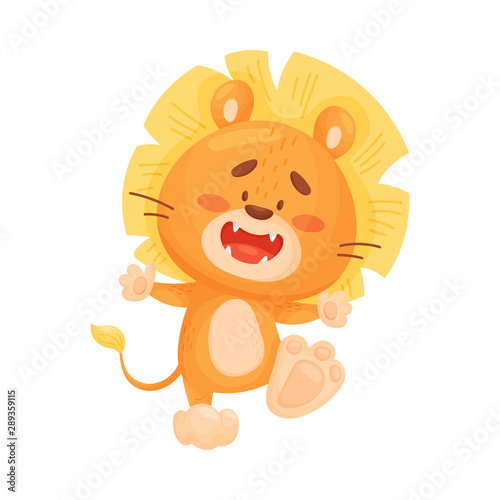 Fototapeta Naklejka Na Ścianę i Meble -  Cartoon lion cub dancing. Vector illustration on a white background.