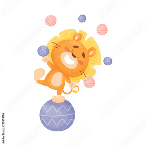Cartoon humanized lion cub juggler. Vector illustration on a white background.