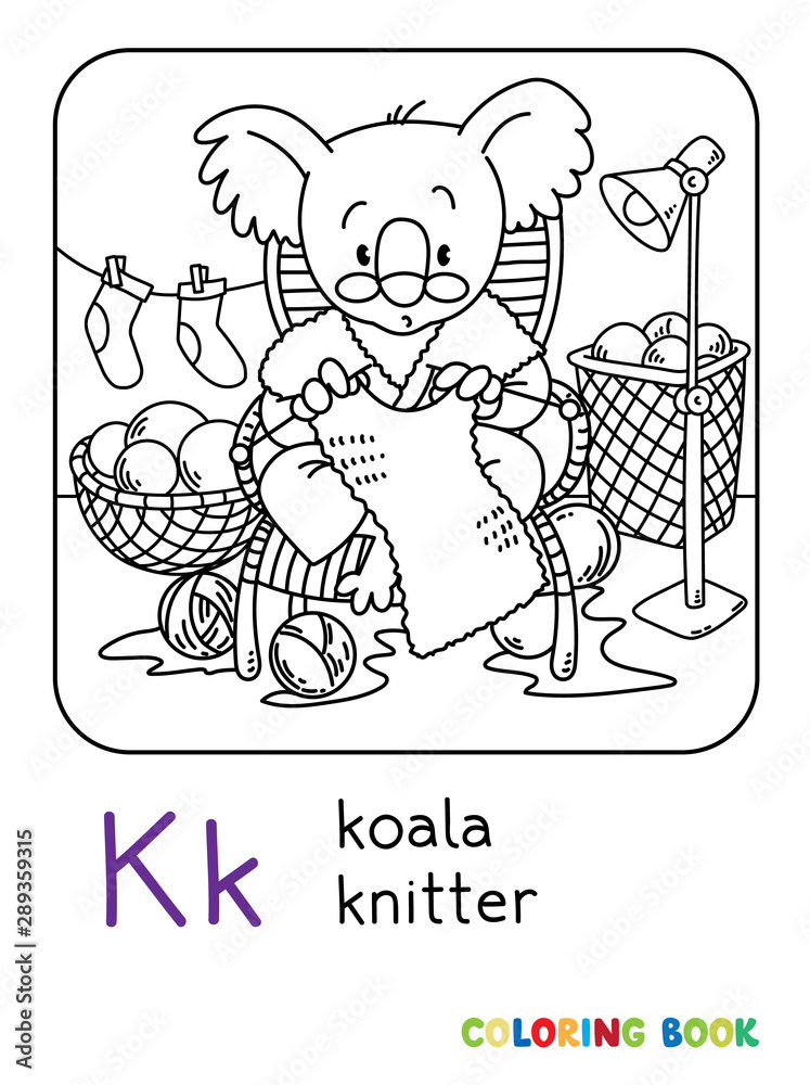 Fototapeta premium Koala bear knitter ABC coloring book. Alphabet K