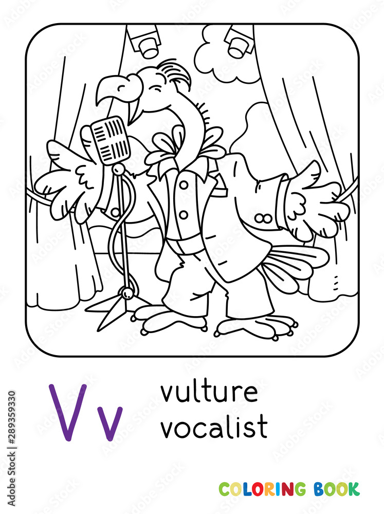 Fototapeta premium Funny vulture singer or vocalist ABC coloring book