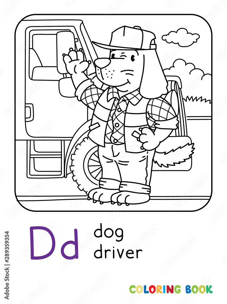 Fototapeta premium Dog driver ABC coloring book. Alphabet D