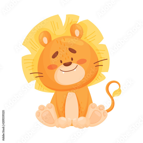 Cute little lion is sitting. Vector illustration on a white background.