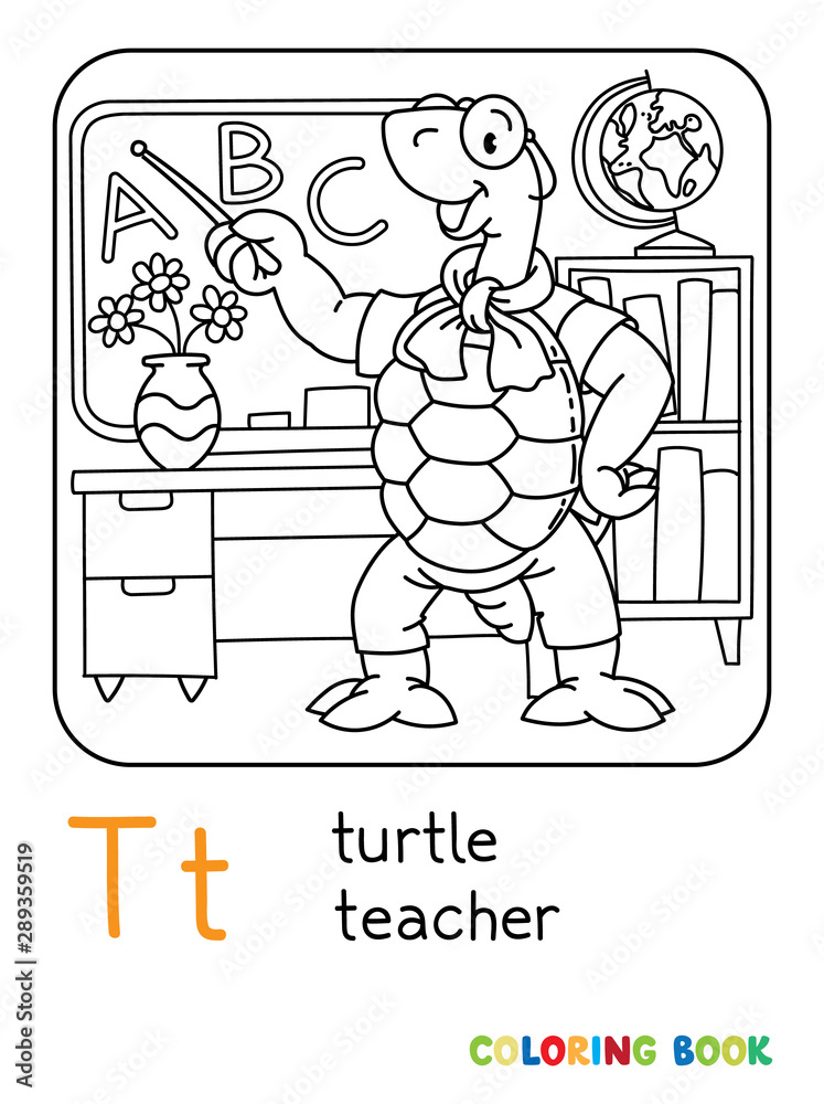 Turtle teacher ABC coloring book. Alphabet T Turtle teacher ABC coloring book. Alphabet T