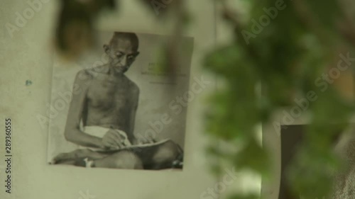 Steady, close up shot of tree leaves, the camera then focuses on a poster of Mahatma Gandhi on a wall. photo
