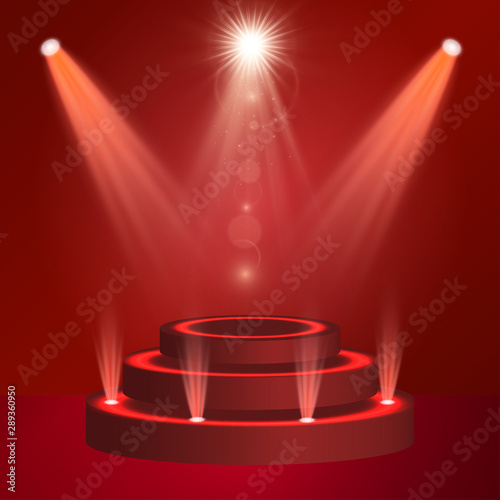 Red podium with fame spotlight vector illumination. Winner or product presentation concept illustration. Luxurious, high class stage, award ceremony. Projector rays of scarlet light on the scene.