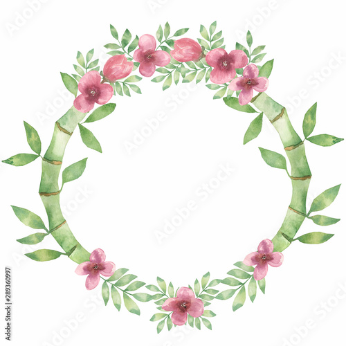 Hand drawn watercolor bamboo wreath with sakura flowers and leaves in round shape illustration.Bamboo wreath/frame for wedding, birthday invitation.
