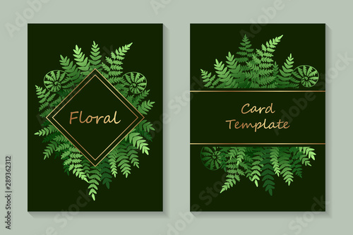 Floral wedding invitation design or greeting card templates with fern and golden text on a dark green background.