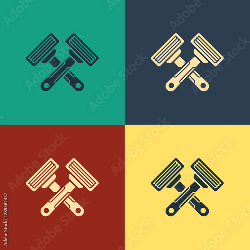 Color Crossed shaving razor icon isolated on color background. Vintage style drawing. Vector Illustration