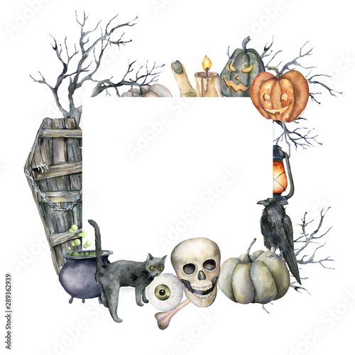 Watercolor card with halloween symbols. Hand painted holiday template with coffin, skull, crow, tree, lantern, eye and cat isolated on white background. Illustration for design, print or background.