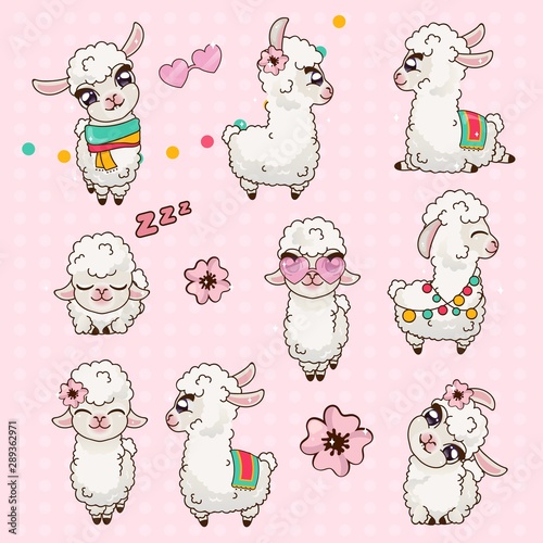 Collection Cute Llama Alpaca Vicuna Set Kawaii. 