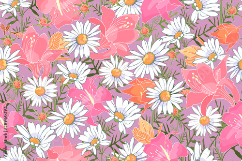 Art floral vector seamless pattern. Garden flowers isolated on pale violet background.