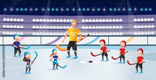 Boys and Girls Playing Hockey on Ice Rink Vector.