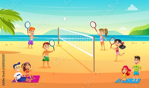 Teen Children Playing Badminton Doubles on Beach.
