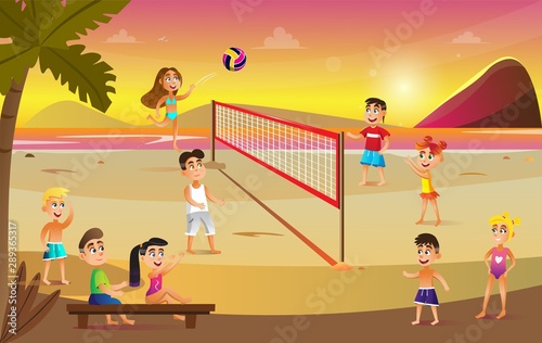 Children in Swimsuits Play Volleyball on Beach.