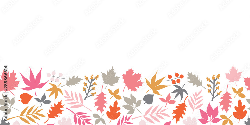 Autumn leaves seamless vector border. Scandinavian style feminine repeating doodle pattern. Red pink gold gray leaf illustration. For fall decoration, Thanksgiving card, fabric, ribbons, banner