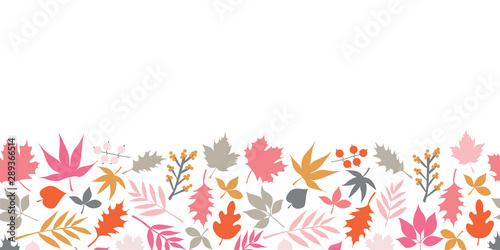 Autumn leaves seamless vector border. Scandinavian style feminine repeating doodle pattern. Red pink gold gray leaf illustration. For fall decoration, Thanksgiving card, fabric, ribbons, banner © StockArtRoom