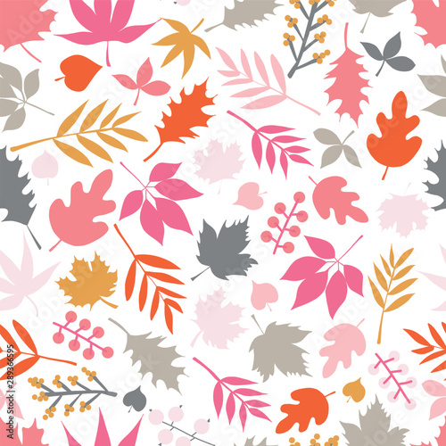 Seamless vector background autumn doodle leaves. Scandinavian style repeating pattern. Red pink gold gray leaf illustration. Use for fall decoration, Thanksgiving card, fabric, kids textiles
