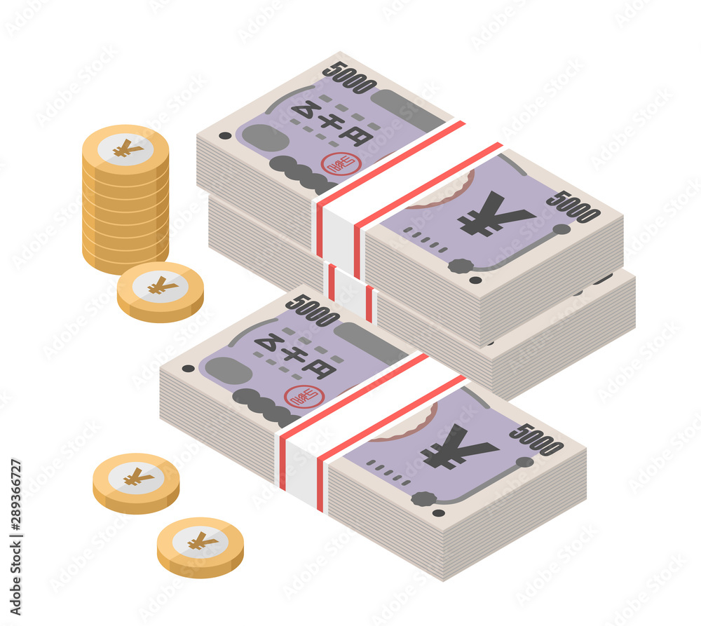 Isometric stacks of 5000 Japanese Yen banknotes and coins. Japan paper money. Five hundred bills. Currency notes. Flat style. Vector illustration. Isometric stacks of 5000 Japanese Yen banknotes and coins. Japan paper money. Five hundred bills. Currency notes. Flat style. Vector illustration.