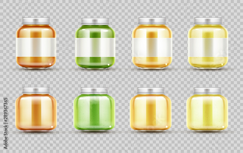 Baby food jars set, glass puree bottles with cap. Blank preserve tubes for child vegetable and fruit nutrition isolated on transparent background mock up. Realistic 3d vector illustration, clip art