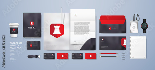 Logo and company style for consulting agency or lawyer. Corporate identity with stone marble background. Stationery mockup design set. White rook castle on red shield. Premium quality.