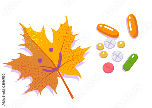 Pills with golden smiling leaf. Seasonal depression and Antidepressants. Allergy cartoon design. Cold season. Flat vector illustration on white isolated background.