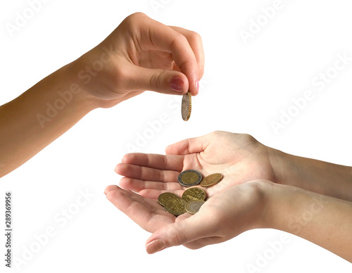 hands with coins isolated on white background