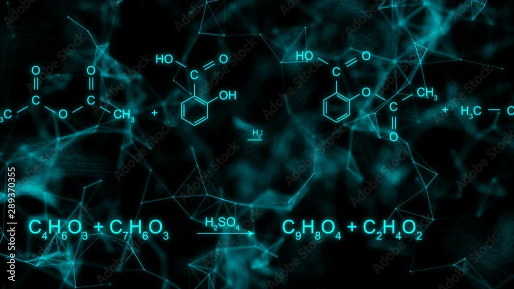 Animation of typing aspirin chemical formula consisting of benzene rings, hexagon in abstract digital space. Seamless loopable background.