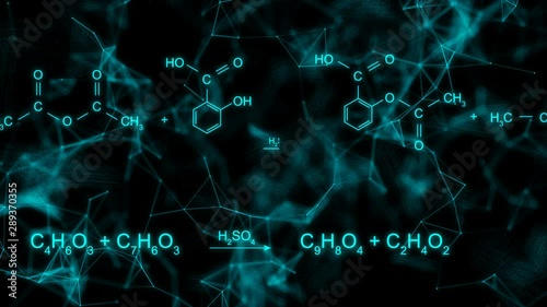 Animation of typing aspirin chemical formula consisting of benzene rings, hexagon in abstract digital space. Seamless loopable background.