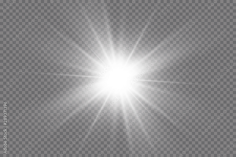 White glowing light explodes on a transparent background. with ray.  Transparent shining sun, bright flash.  Special lens flare light effect