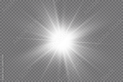 White glowing light explodes on a transparent background. with ray. Transparent shining sun, bright flash. Special lens flare light effect