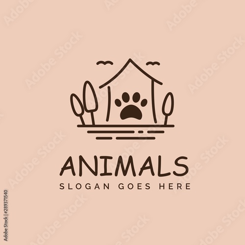 Pet shop clinic home care logo design with house, tree and dog or cat footprints